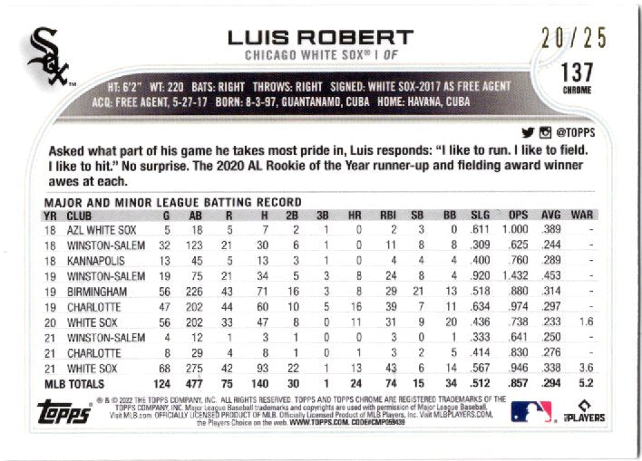 2022 Topps Chrome Sonic Luis Robert 