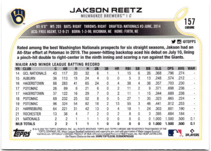 2022 Topps Chrome Sonic Jakson Reetz Rookie 