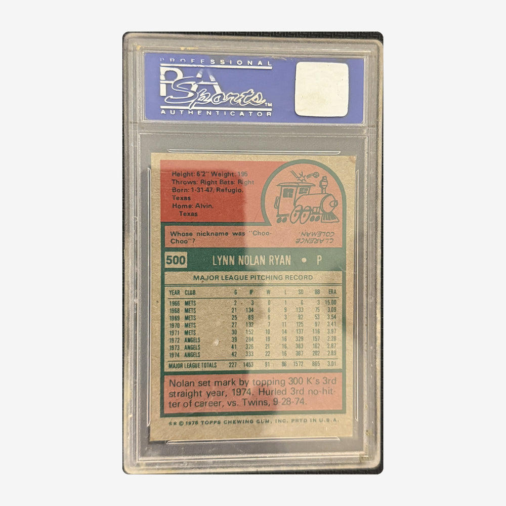 Back of 1975 Topps Nolan Ryan #500 PSA 8, PSA certification 09058086