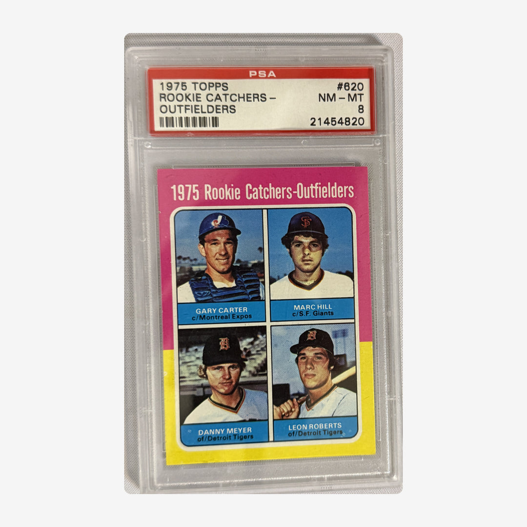 Front of 1975 Topps Gary Carter Rookie #620 PSA 8, PSA certification 21454820