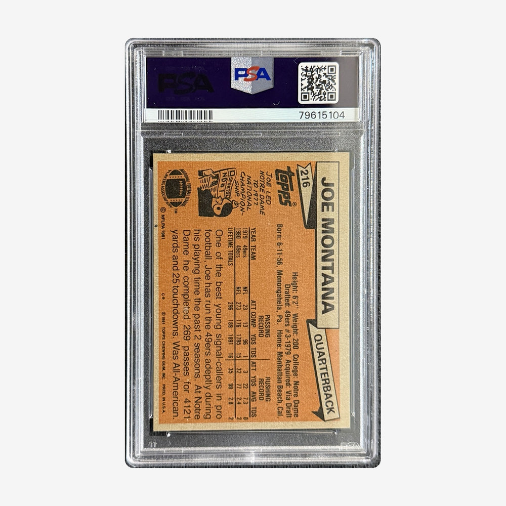 Back of 1981 Topps Joe Montana rookie card #216 in PSA 8 slab, certification 79615104
