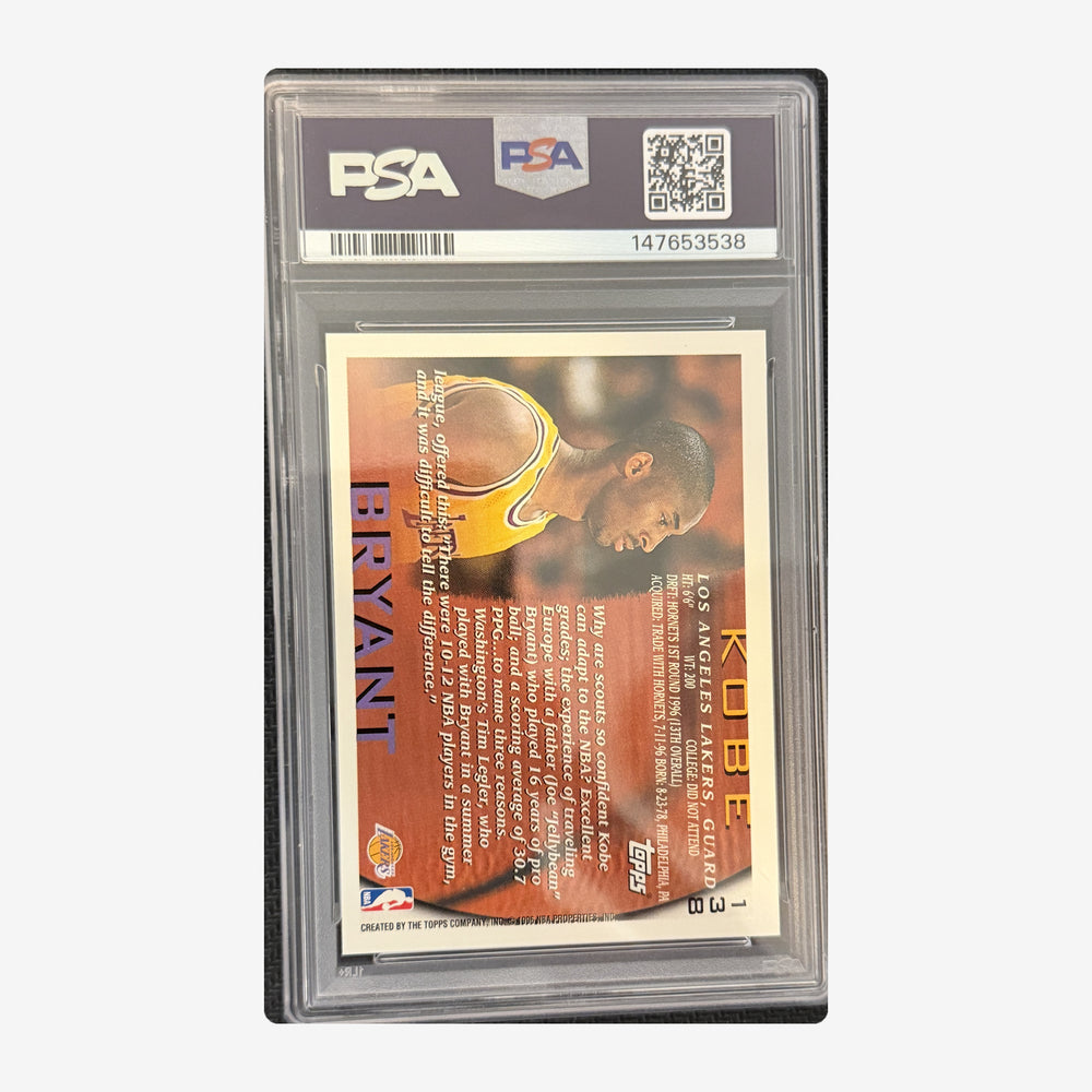 Back of 1996-97 Topps Kobe Bryant Rookie #138 PSA 9, PSA certification 147653538