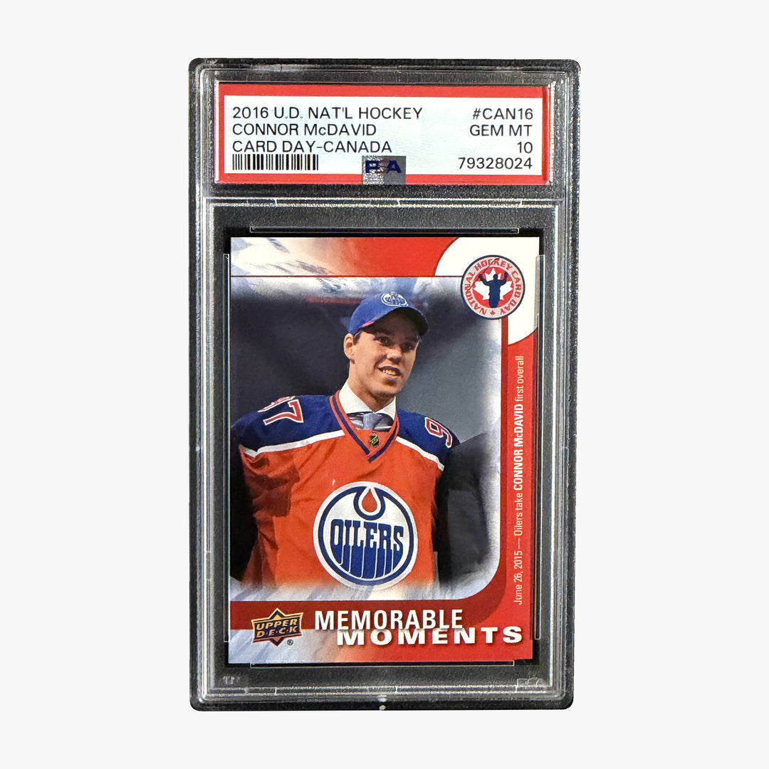 Front of 2016 Upper Deck National Hockey Card Day Connor McDavid #CAN16 PSA 10 graded card in PSA slab, certification 79328024