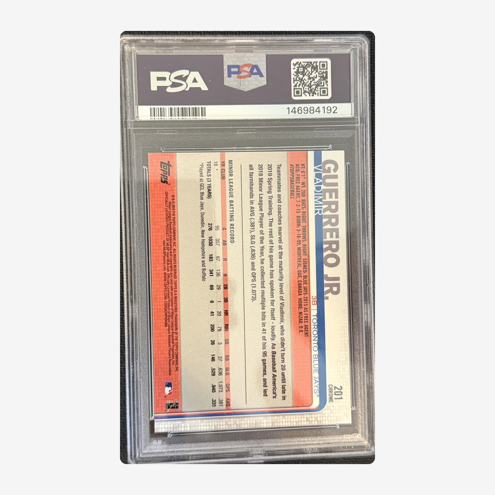 Back of 2019 Topps Chrome Vladimir Guerrero Jr. Rookie #201 PSA 10, PSA certification 146984192