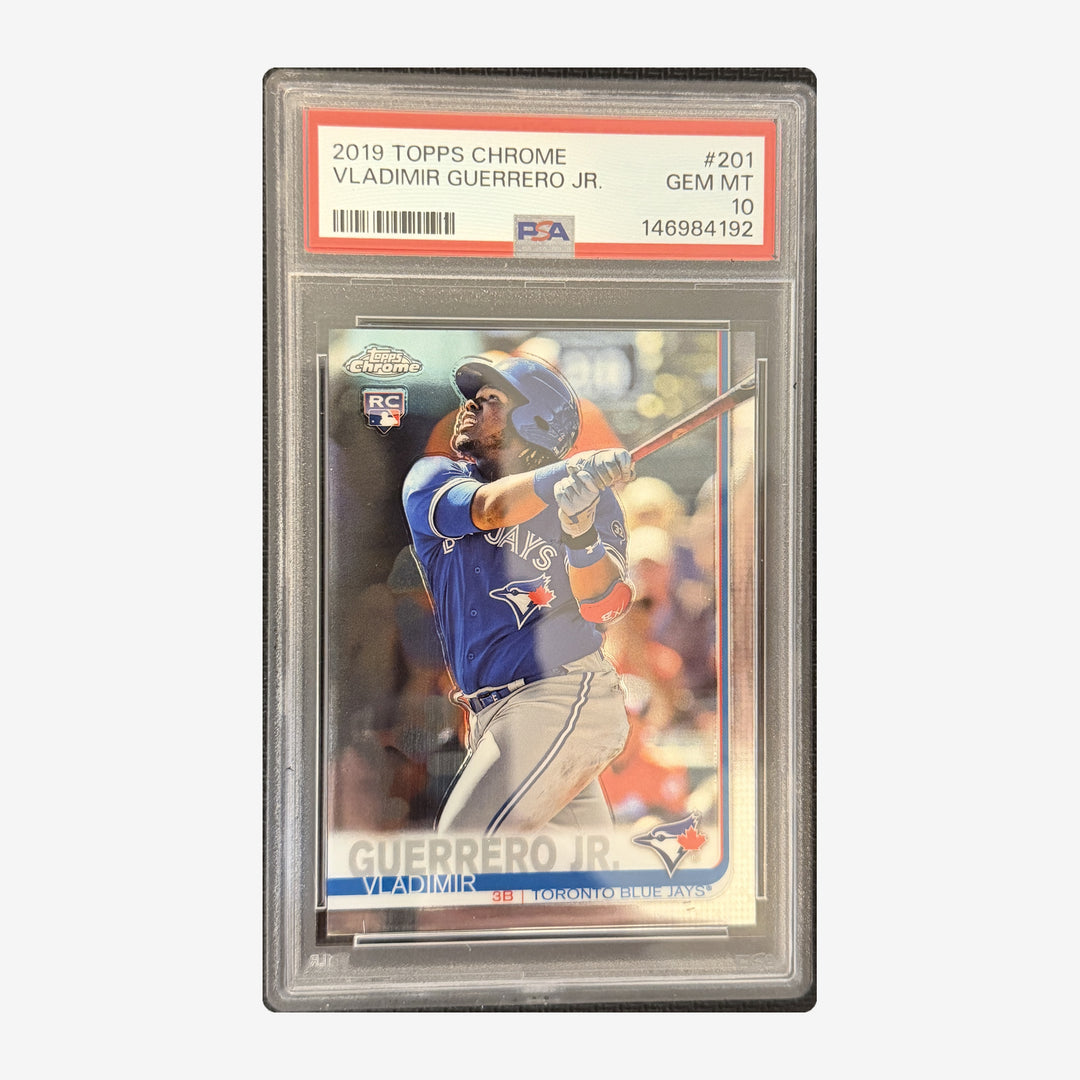 Front of 2019 Topps Chrome Vladimir Guerrero Jr. Rookie #201 PSA 10, PSA certification 146984192