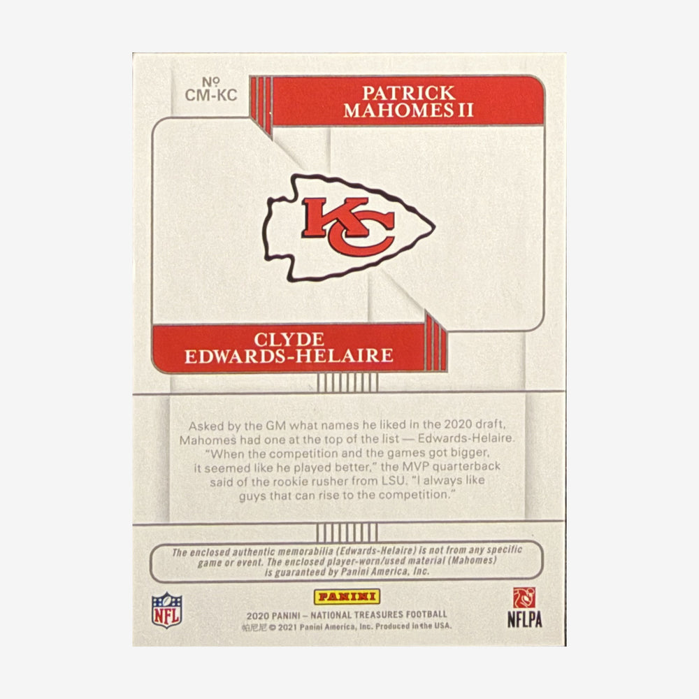 2020 Panini National Treasures Patrick Mahomes II & Clyde Edwards-Helaire NFL Gear Combo Materials #CM-KC /25 — back showing card number and manufacturer details