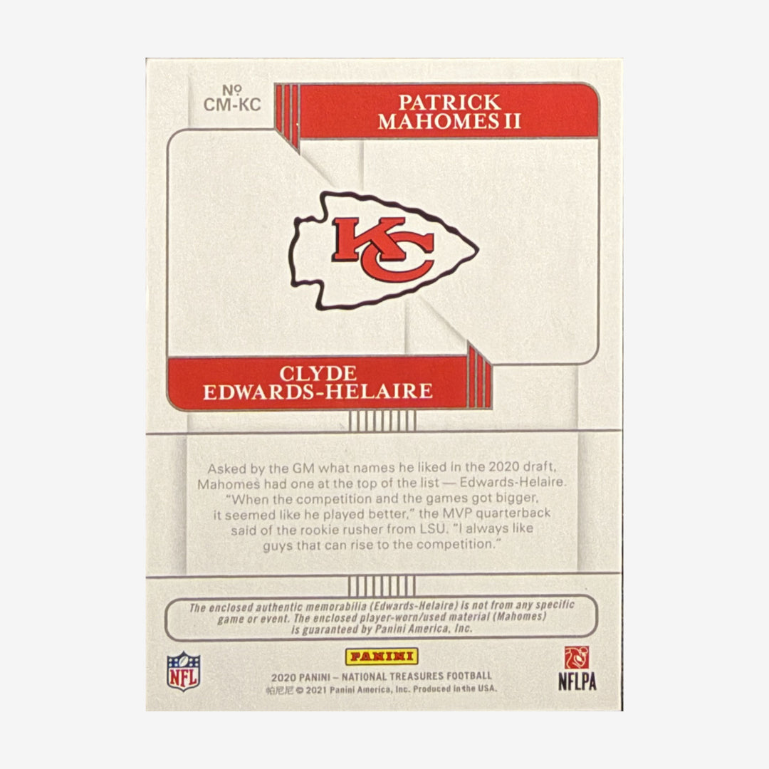 2020 Panini National Treasures Patrick Mahomes II &amp; Clyde Edwards-Helaire NFL Gear Combo Materials 