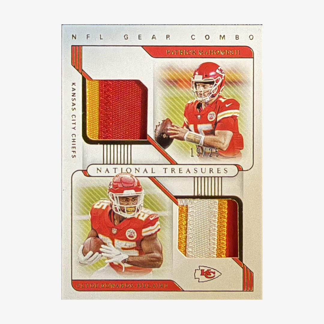 2020 Panini National Treasures Patrick Mahomes II & Clyde Edwards-Helaire NFL Gear Combo Materials #CM-KC /25 — front showing relic and patch detail