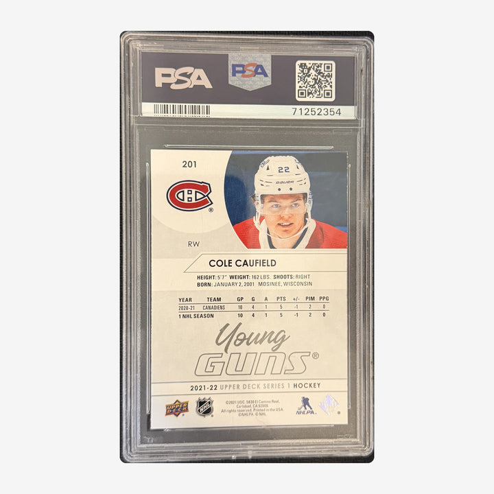 Back of 2021-22 Upper Deck Young Guns Cole Caufield RC 