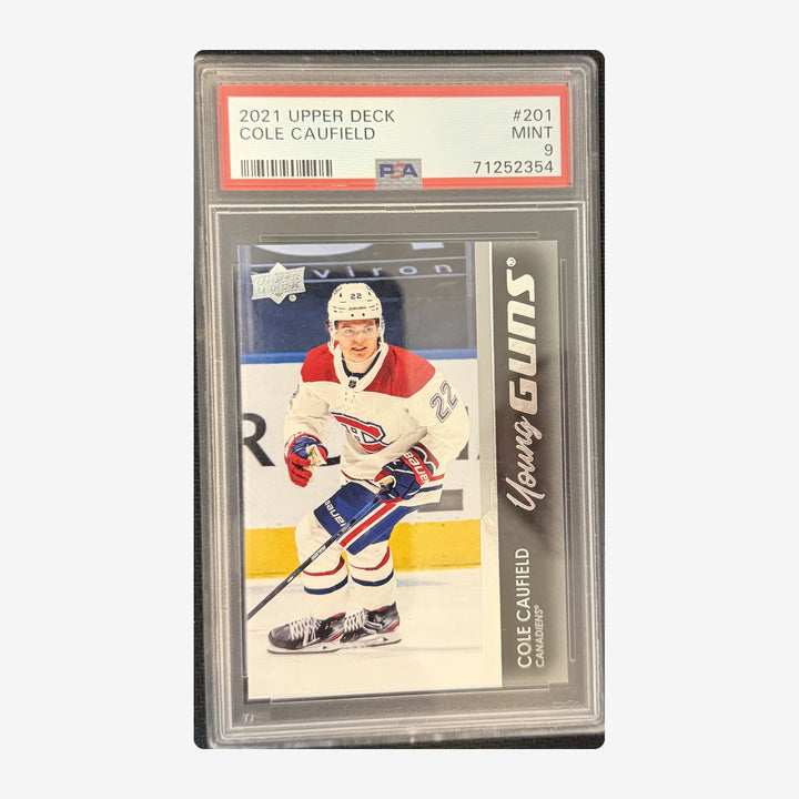 Front of 2021-22 Upper Deck Young Guns Cole Caufield RC 