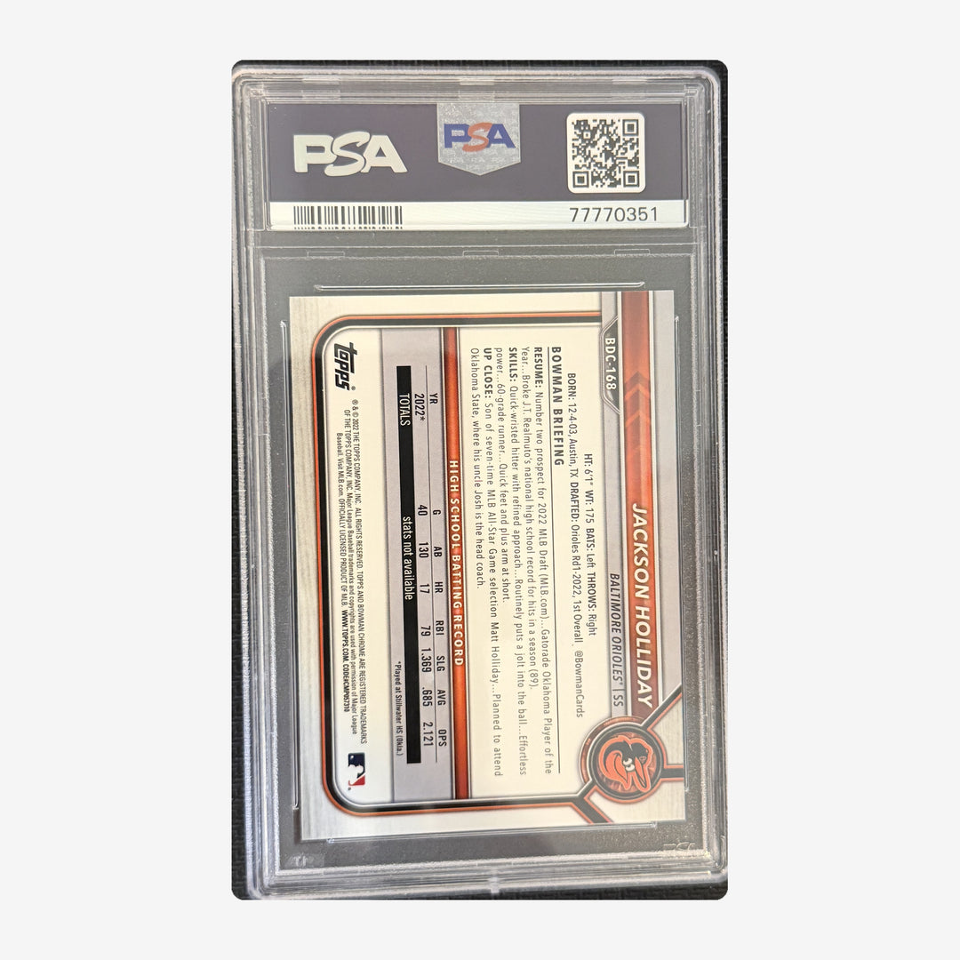 Back of 2022 Bowman Draft Chrome Jackson Holliday 1st Bowman 