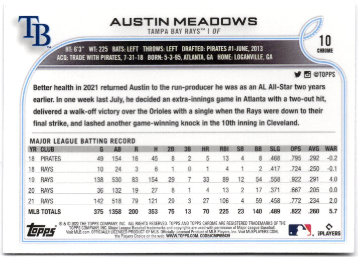 2022 Topps Chrome Sonic Austin Meadows #10 Base back scan