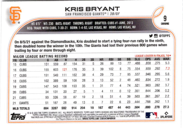 2022 Topps Chrome Sonic Kris Bryant #9 Base back scan