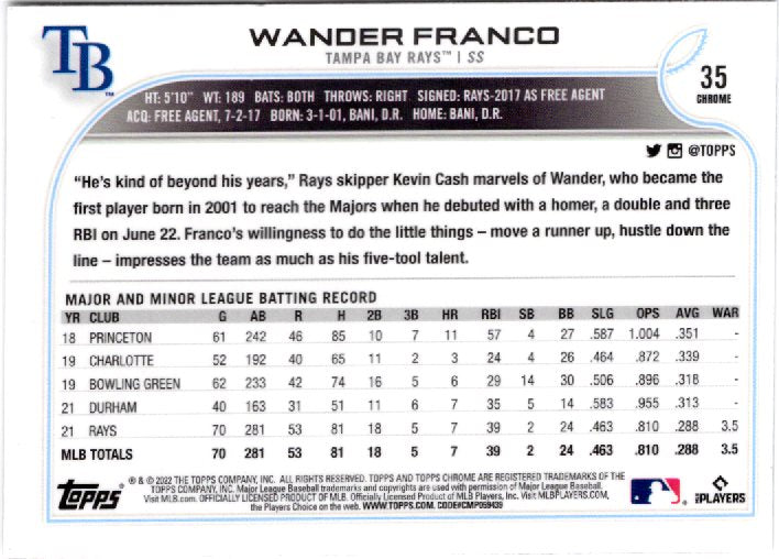 2022 Topps Chrome Sonic Wander Franco Rookie #35 Base back scan