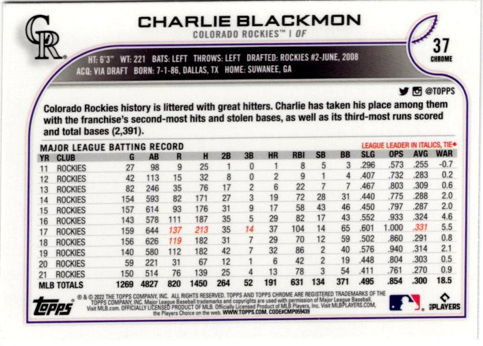 2022 Topps Chrome Sonic Charlie Blackmon 