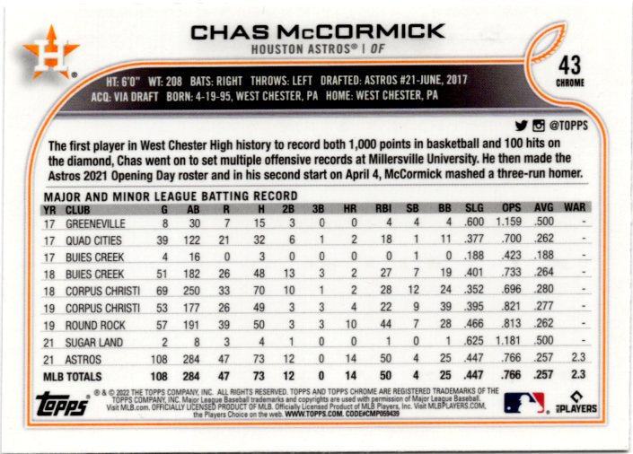 2022 Topps Chrome Sonic Chas McCormick Rookie 