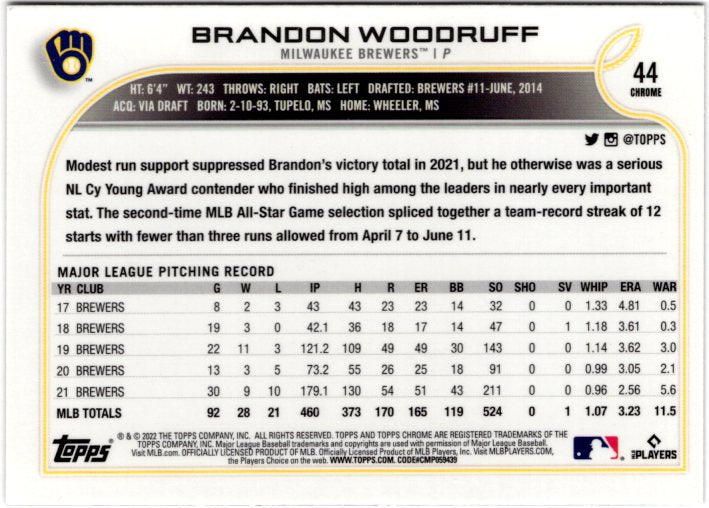 2022 Topps Chrome Sonic Brandon Woodruff 