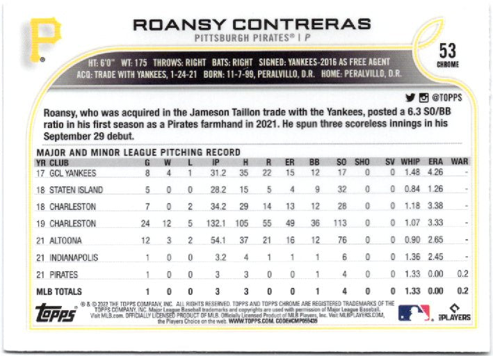 2022 Topps Chrome Sonic Roansy Contreras Rookie 