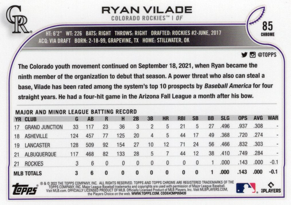 2022 Topps Chrome Sonic Ryan Vilade Rookie 