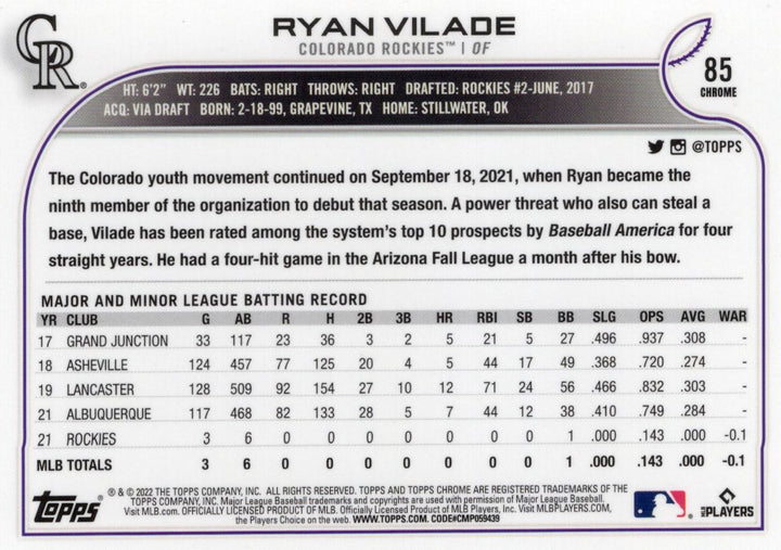 2022 Topps Chrome Sonic Ryan Vilade Rookie 