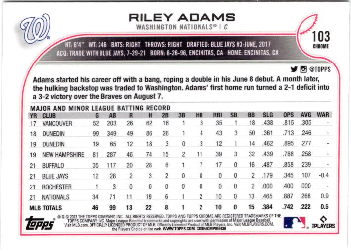 2022 Topps Chrome Sonic Riley Adams Rookie #103 Base back scan