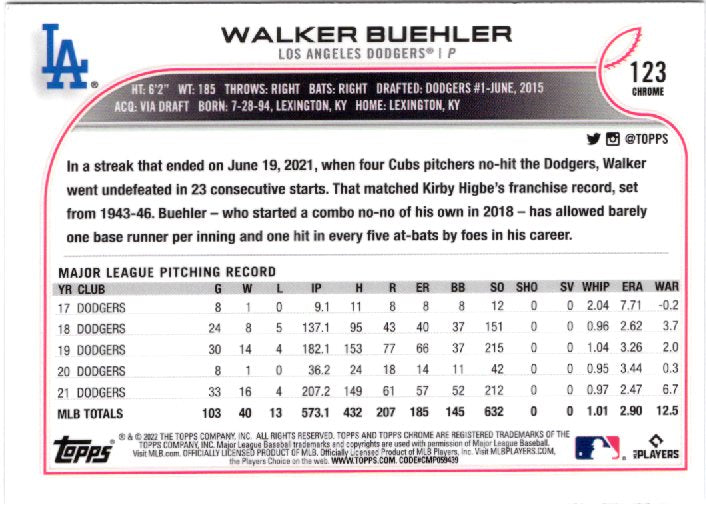 2022 Topps Chrome Sonic Walker Buehler 