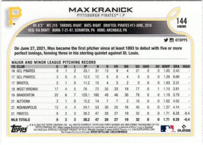 2022 Topps Chrome Sonic Max Kranick Rookie 