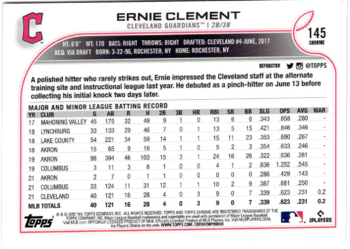 2022 Topps Chrome Sonic Ernie Clement Rookie #145 Refractor back scan