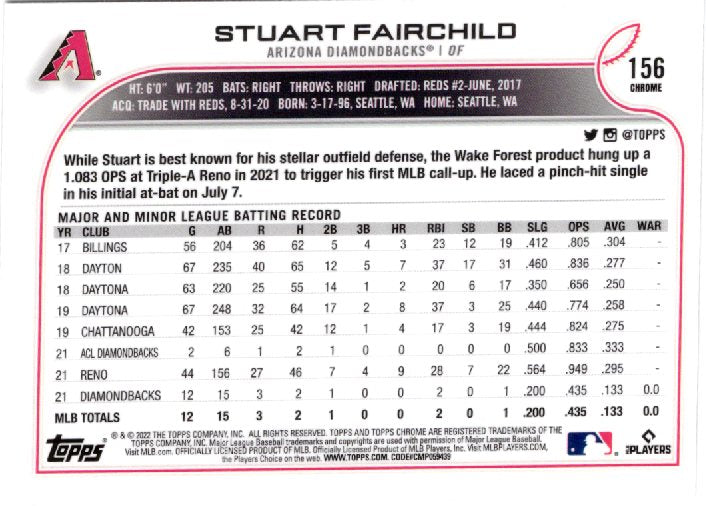 2022 Topps Chrome Sonic Stuart Fairchild Rookie #156 Base back scan