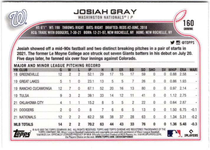 2022 Topps Chrome Sonic Josiah Gray Rookie #160 Base back scan