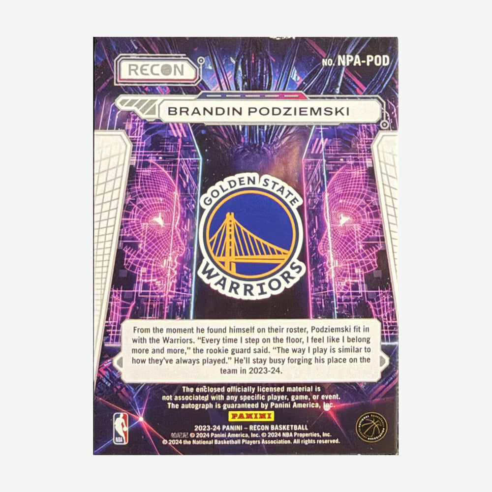 2023-24 Panini Recon Brandin Podziemski Novice Patch Autographs #NPA-POD /25 — back showing card number and manufacturer details