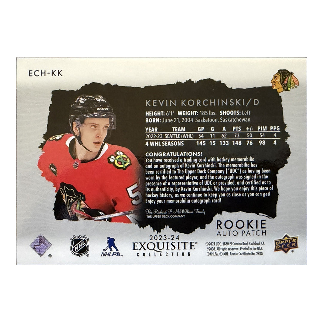 Back of 2023-24 Exquisite Kevin Korchinski rookie auto patch ECH-KK with Upper Deck player-worn memorabilia and autograph certification
