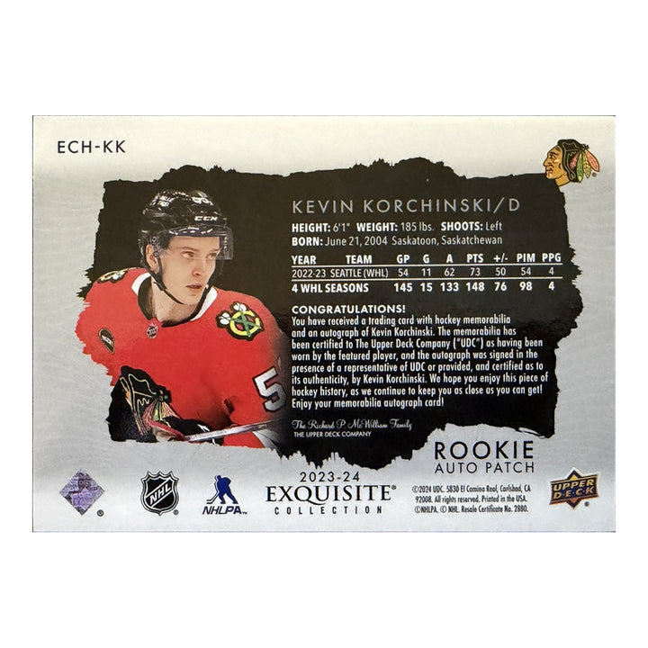 Back of 2023-24 Exquisite Kevin Korchinski rookie auto patch ECH-KK with Upper Deck player-worn memorabilia and autograph certification