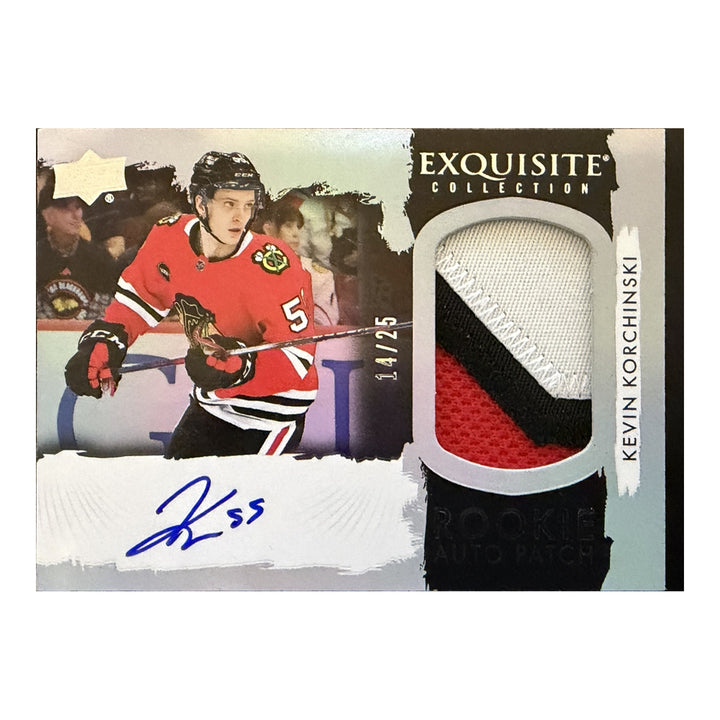 Front of 2023-24 Exquisite Kevin Korchinski rookie autograph three-color patch card, Chicago Blackhawks, ECH-KK, numbered 14/25