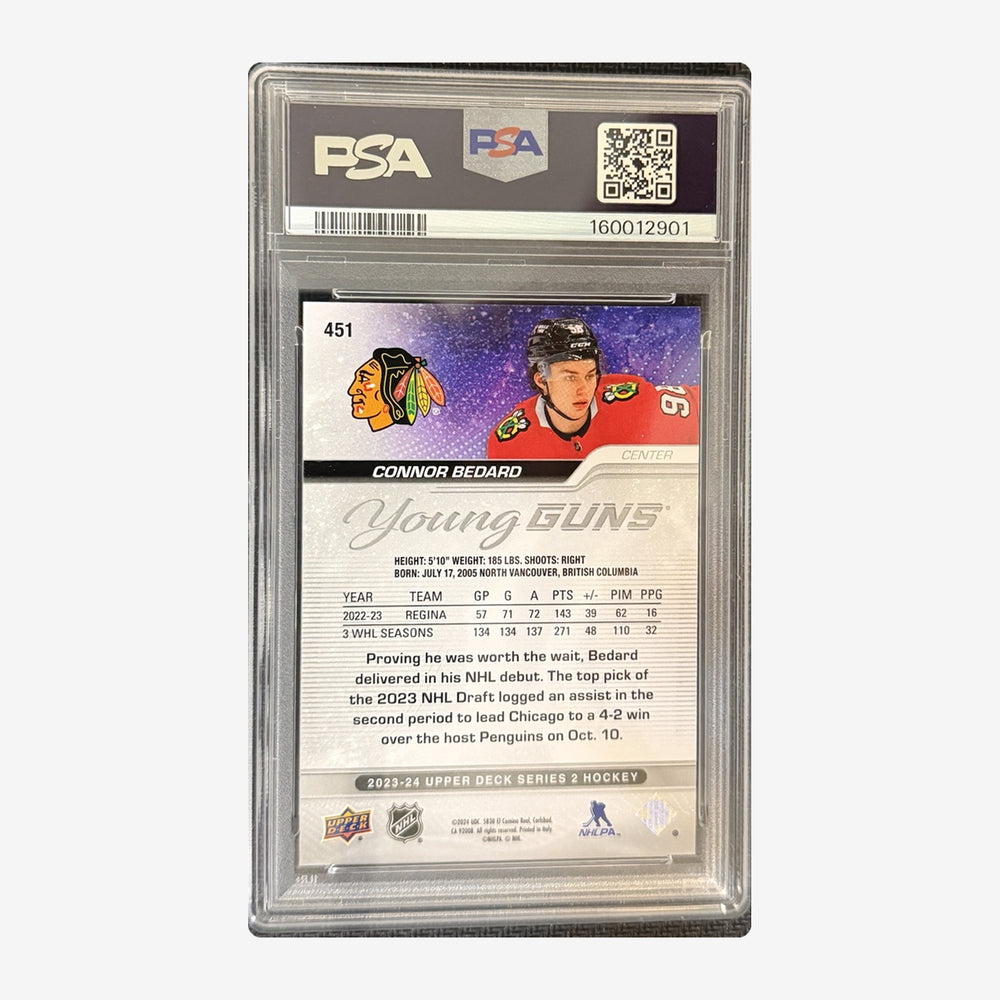 Back of 2023-24 Upper Deck Series 2 Connor Bedard Young Guns Rookie #451 PSA 10, PSA certification 160012901