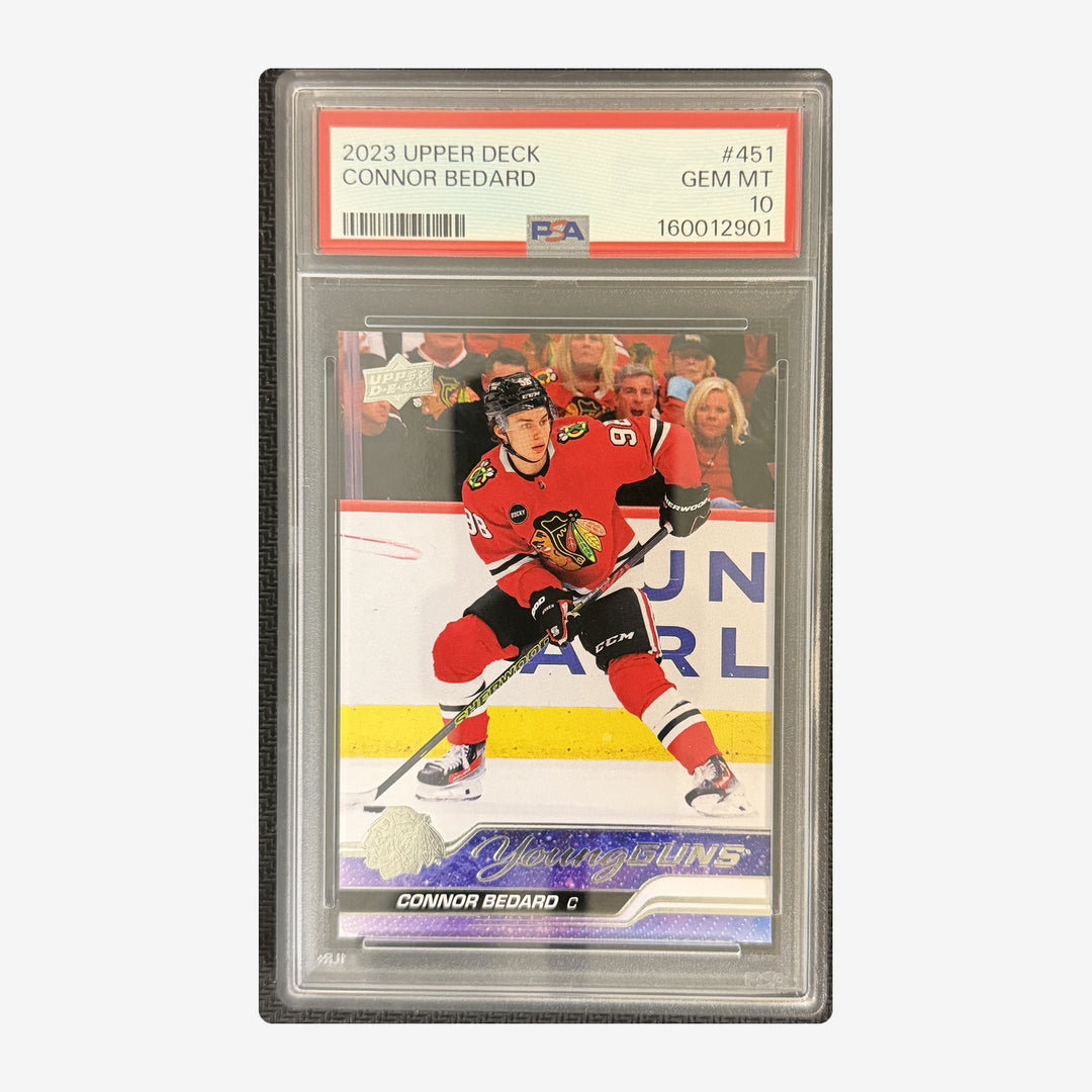 Front of 2023-24 Upper Deck Series 2 Connor Bedard Young Guns Rookie #451 PSA 10, PSA certification 160012901