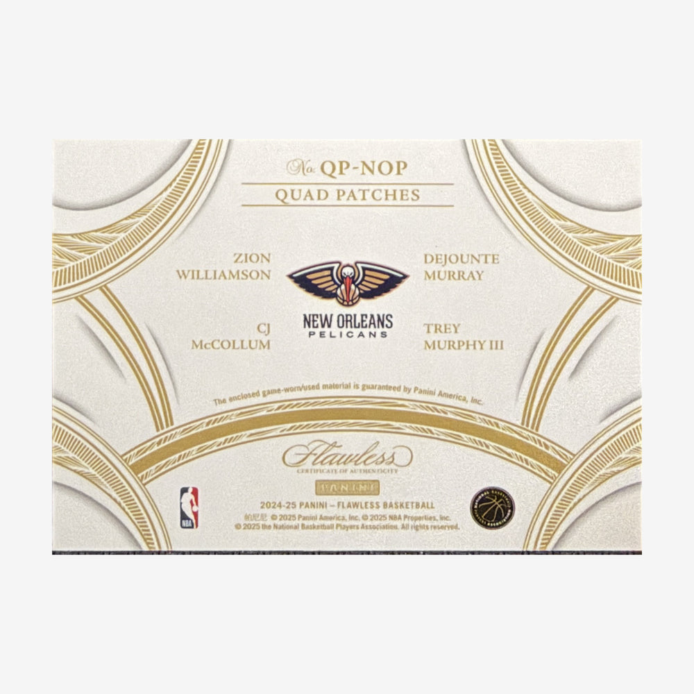 2024-25 Panini Flawless New Orleans Pelicans Quad Patches #QP-NOP /10 — back showing card number and manufacturer details