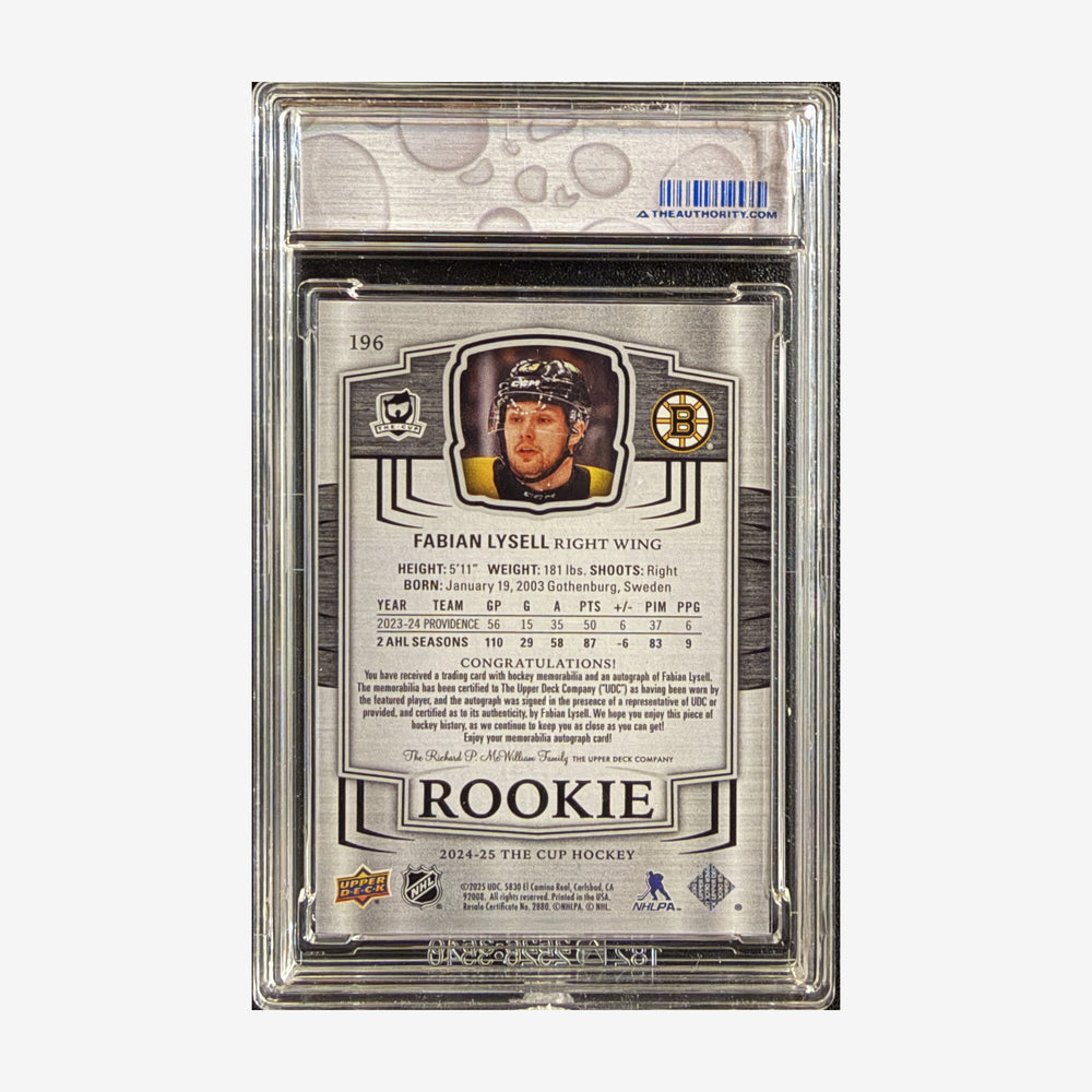 2024-25 Upper Deck The Cup Fabian Lysell Rookie Auto Patch #196 /249 — back showing card number and manufacturer details
