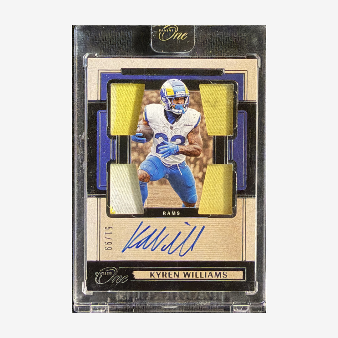 2024 Panini One Kyren Williams Quad Patch Autograph #65 /99 — front showing autograph and patch detail