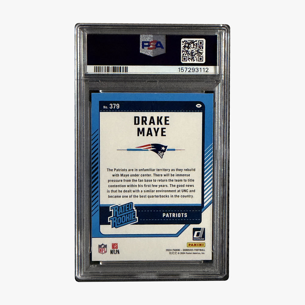 Back of 2024 Donruss Drake Maye Rated Rookie #379 PSA 10 graded card in PSA slab, certification 157293112
