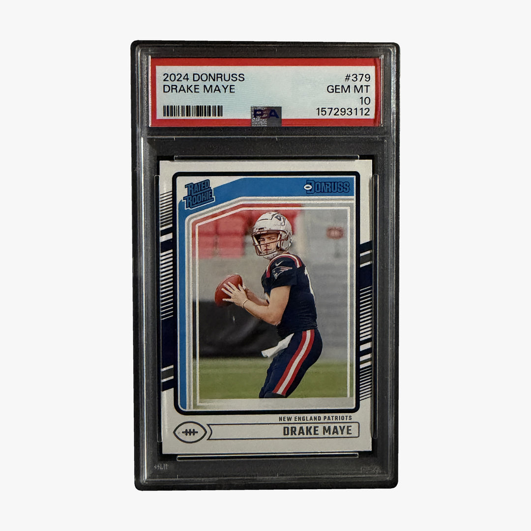 Front of 2024 Donruss Drake Maye Rated Rookie #379 PSA 10 graded card in PSA slab, certification 157293112