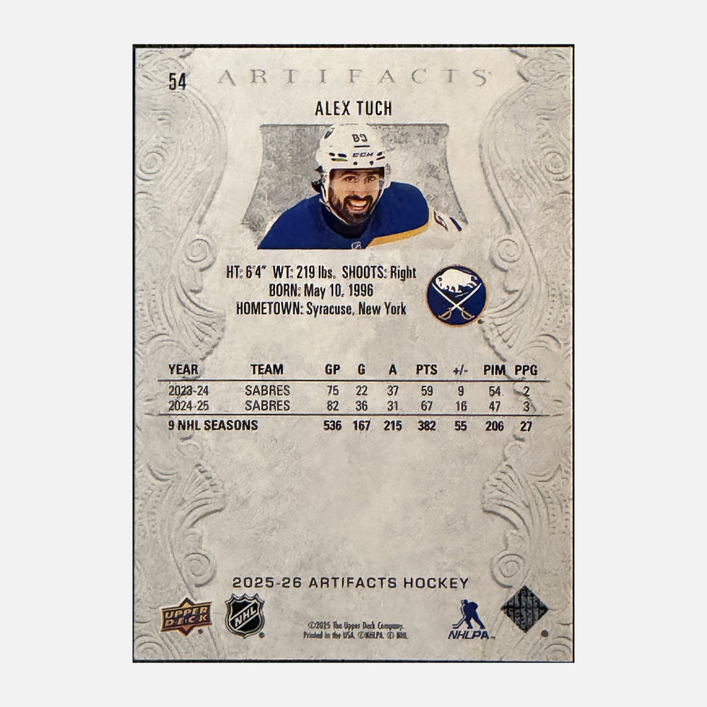 Back of 2025-26 Artifacts Alex Tuch #54