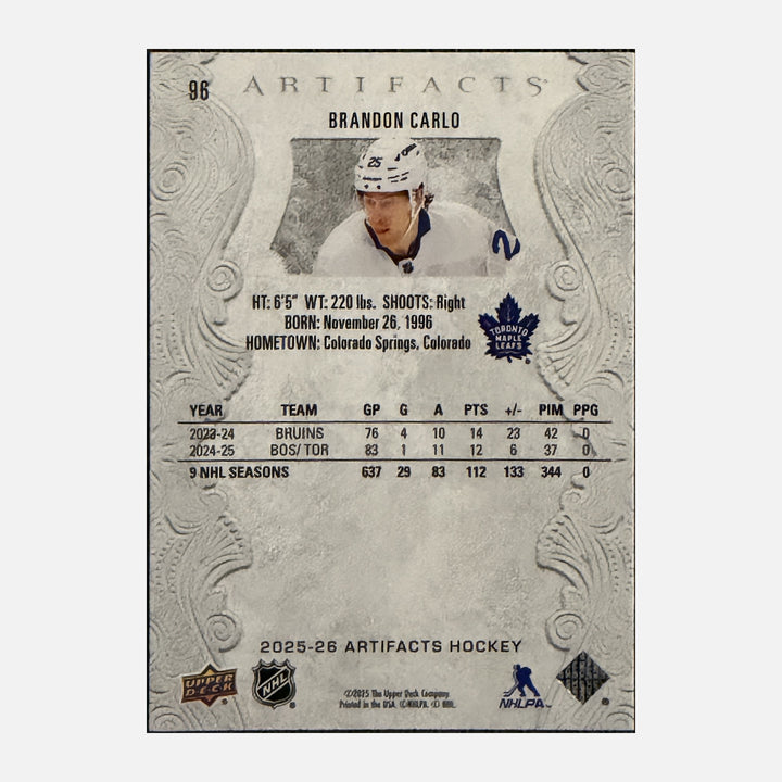 Back of 2025-26 Artifacts Brandon Carlo 