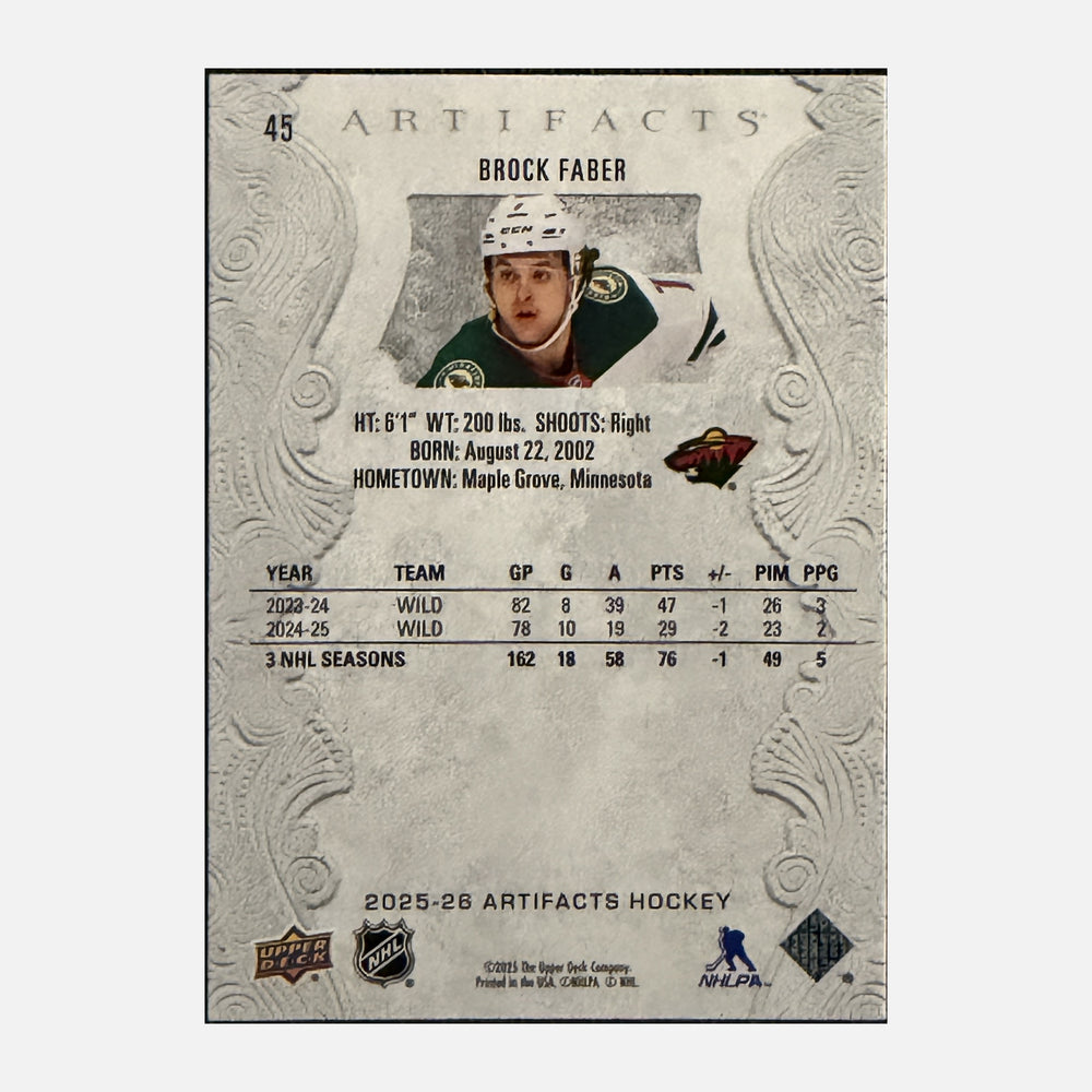 Back of 2025-26 Artifacts Brock Faber #45