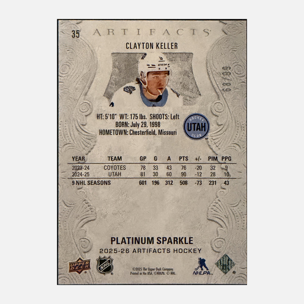 Back of 2025-26 Artifacts Clayton Keller #35 Platinum Sparkle /99, serial 68/99