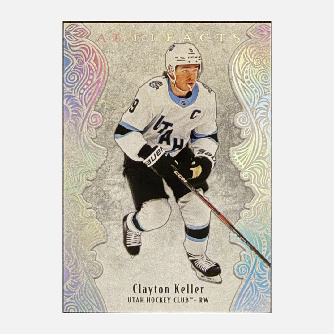 Front of 2025-26 Artifacts Clayton Keller #35 Platinum Sparkle /99 - Utah Hockey Club