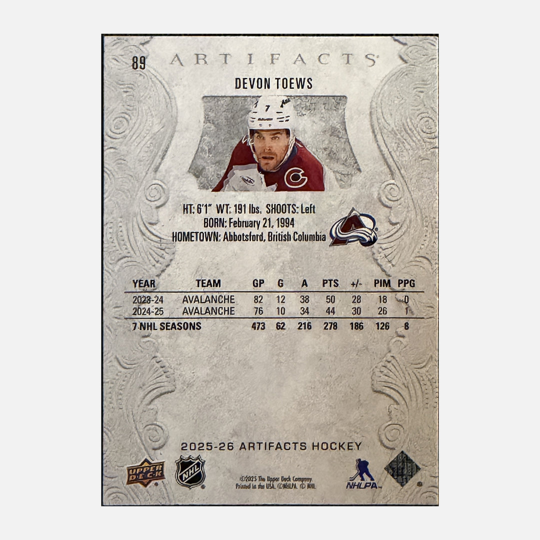 Back of 2025-26 Artifacts Devon Toews 