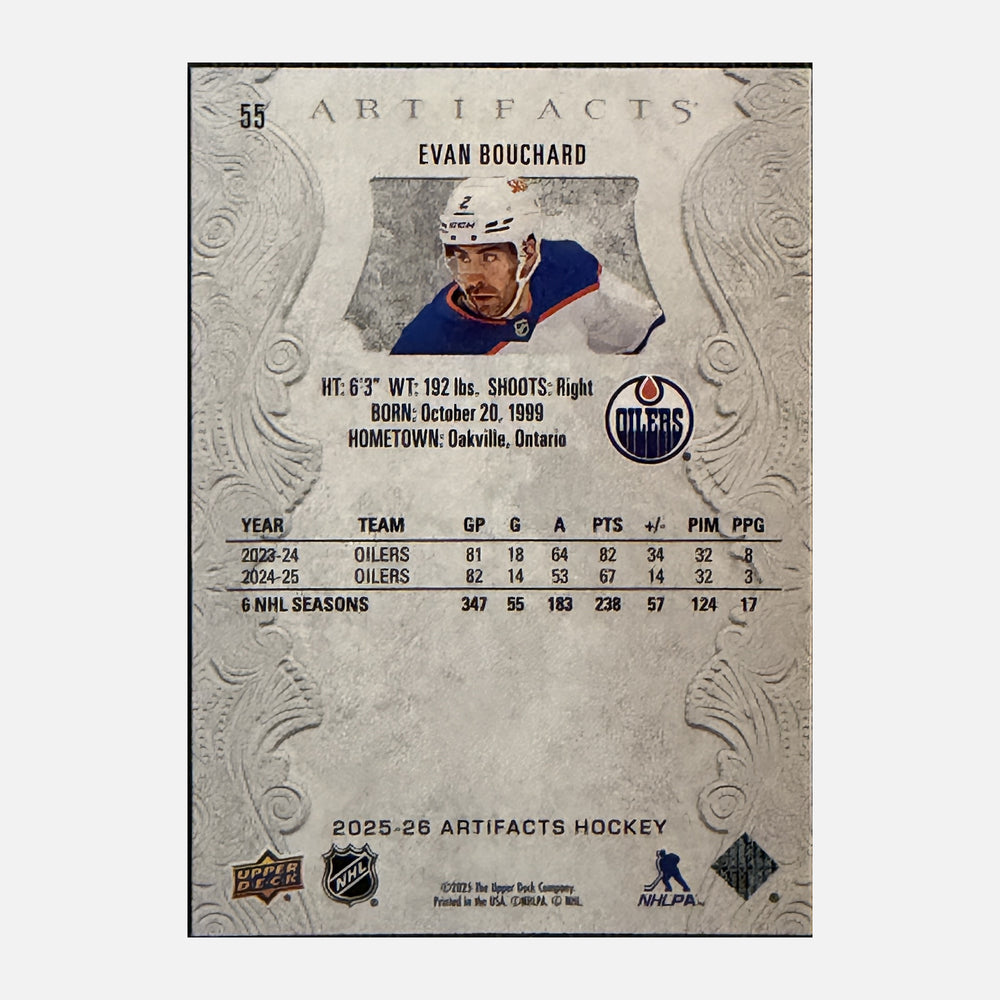 Back of 2025-26 Artifacts Evan Bouchard #55