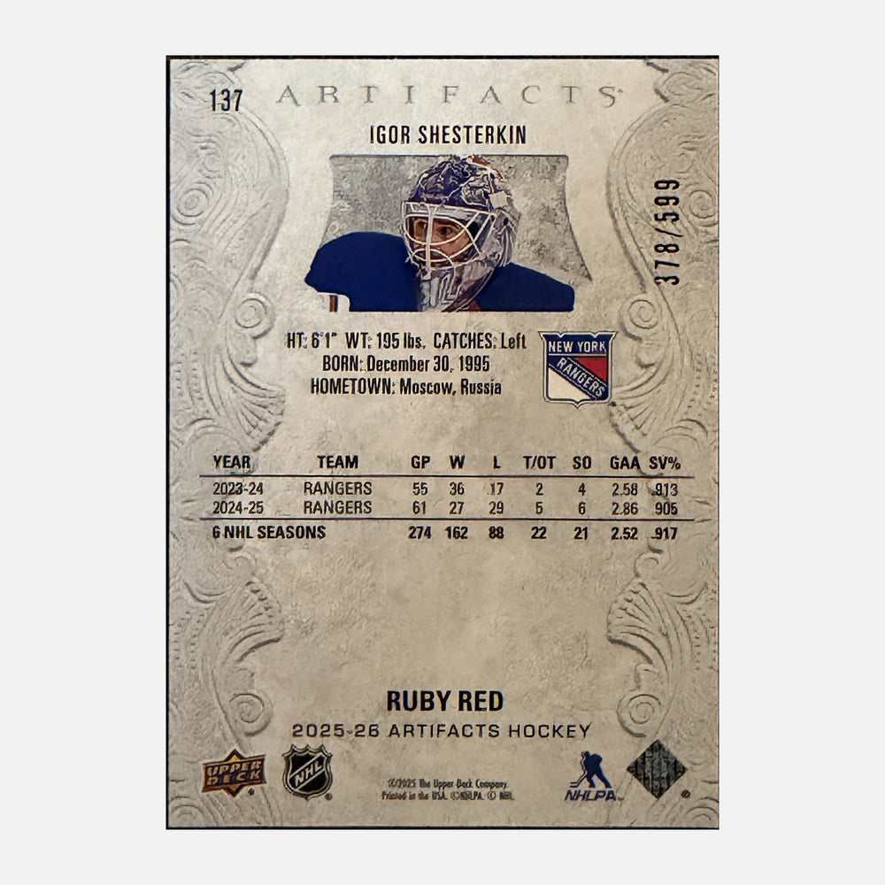 Back of 2025-26 Artifacts Igor Shesterkin #137 Ruby Red /599, serial 378/599