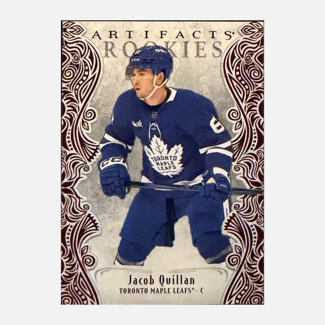 Front of 2025-26 Artifacts Jacob Quillan #181 Ruby Red RC /599 - Toronto Maple Leafs